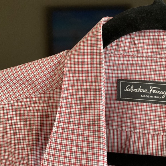 MENS SIZE LARGE SALVATORE FERRAGAMO COTTON DRESS SHIRT RED PLAID - Picture 6 of 14